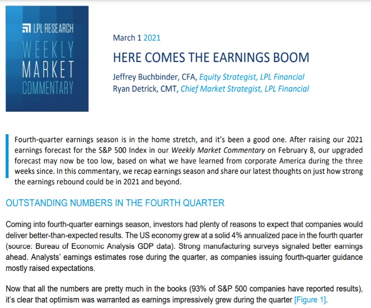 Here Comes The Earnings Boom | Weekly Market Commentary | March 1, 2021