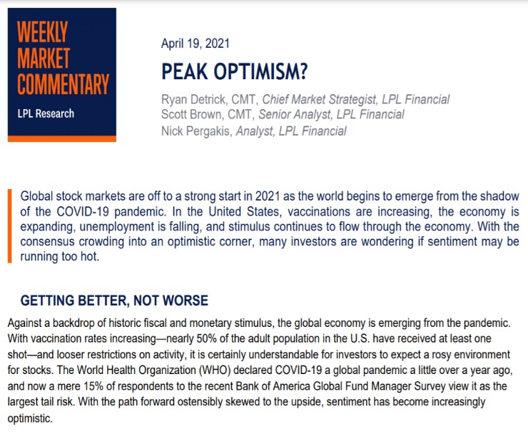 Peak Optimism? | Weekly Market Commentary | April 19, 2021