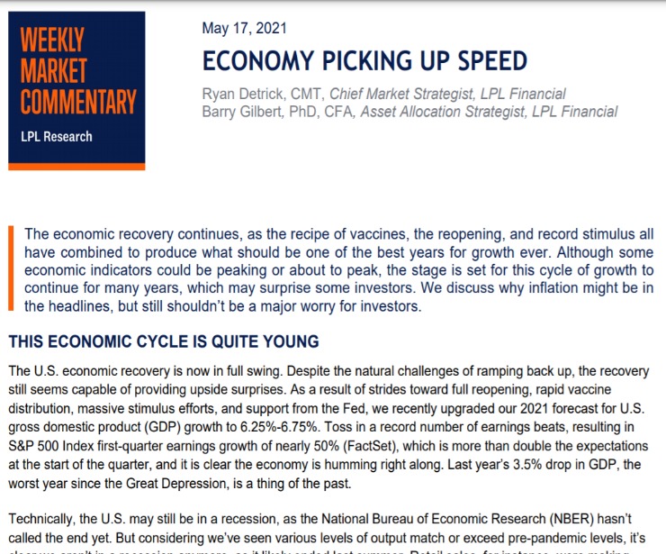 Economy Picking Up Speed | Weekly Market Commentary | May 17, 2021